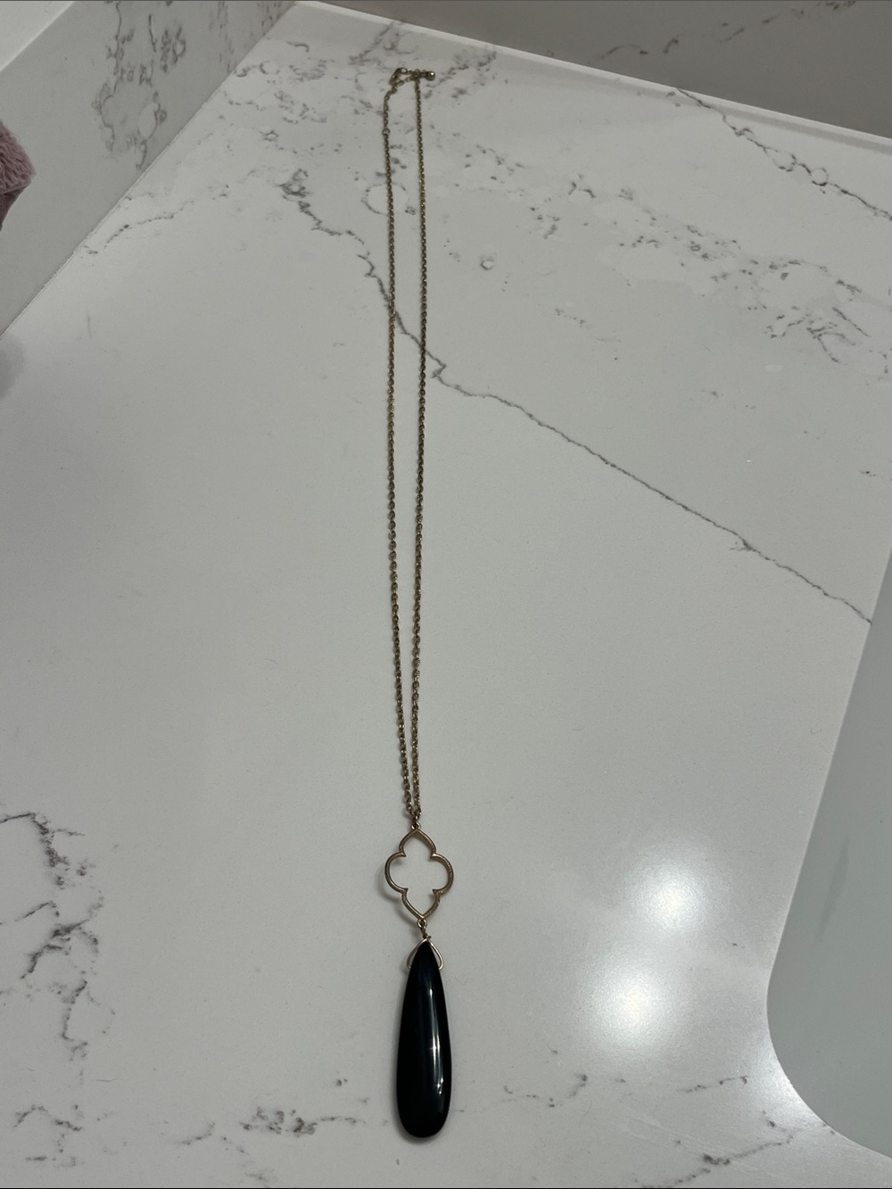 Gold Pendant Necklace with Black Teardrop Stone